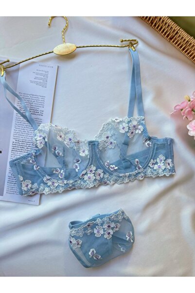 kiari Σετ εσωρούχων με μπλε λουλουδάτο σχέδιο χωρίς καπάκι με επένδυση από μεταξωτό βαμβάκι