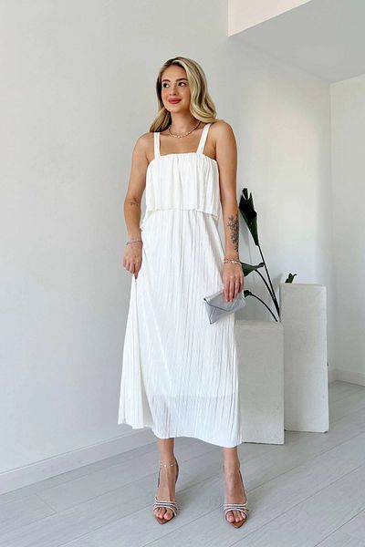 Aventien Pleated White Midi Dress with Straps