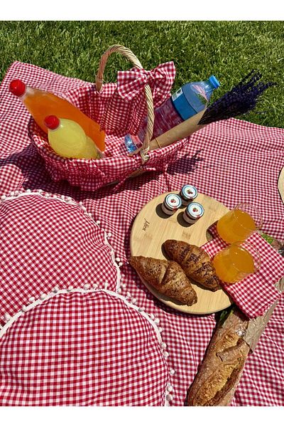 AYDER HOME 6 Piece Picnic Set with Red Gingham Wicker Basket