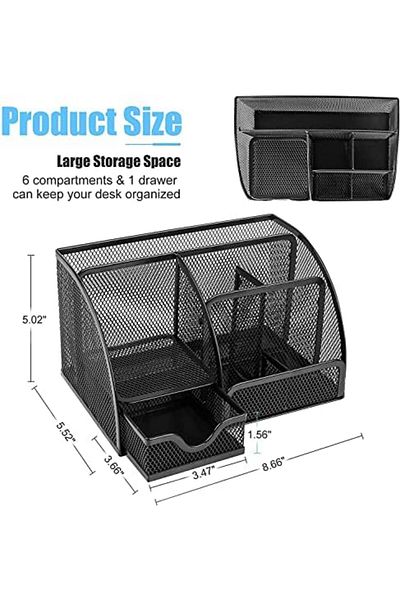MARKQ Desk Organizer, Mesh Multifunctional Desktop Caddy Pen Holder With 6 Compartments And 1 Drawer