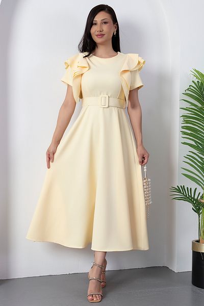 PULLIMM Atlas Dress with Flared Sleeves and Belt Dks1213