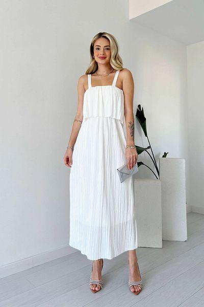 Aventien Pleated White Midi Dress with Straps