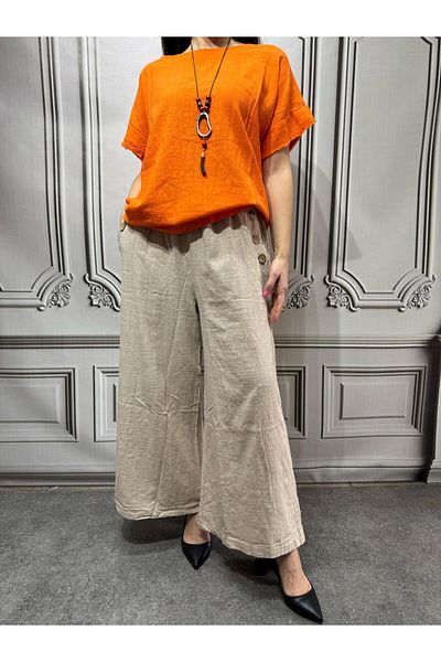 AGORATEKSTİL Women's Side Button Cotton Double Pocket Oversize Trousers