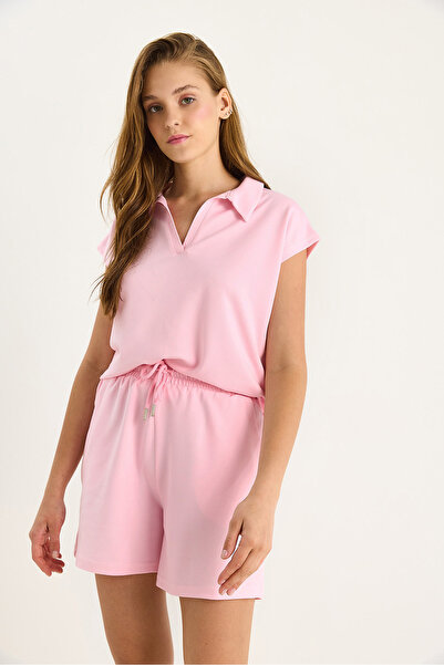 Bianco Lucci Women's Polo Neck Top with Short Shorts Modal Basic Bottom-Top Set 1325 60283470