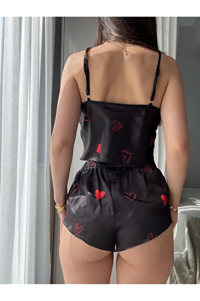 WİYONA Kadın Saten Kalpli Siyah Şortlu Pijama Gecelik Takımı