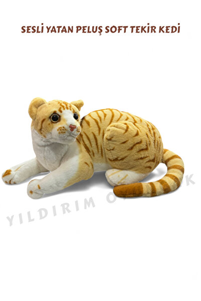 YILDIRIM OYUNCAK Sesli Peluş Soft Oturan 40 cm Tekir Kedi - Yumuşak Sesli Gerçek Görünümlü Peluş Kedi Tekir