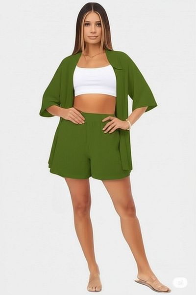 NO 601 Women's Green Wrap Kimono Vest Shorts Top and Bottom Set