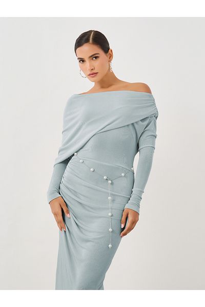 Styli Plain Long Sleeves Midi Dress with Pearl Belt