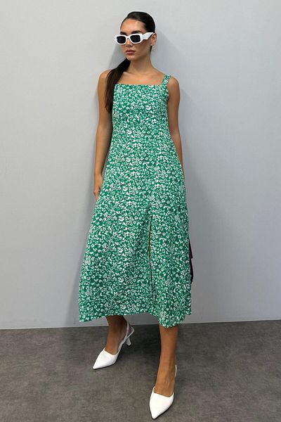 Seeh Rochie de damă cu fantă cu modele de flori verzi Sh254