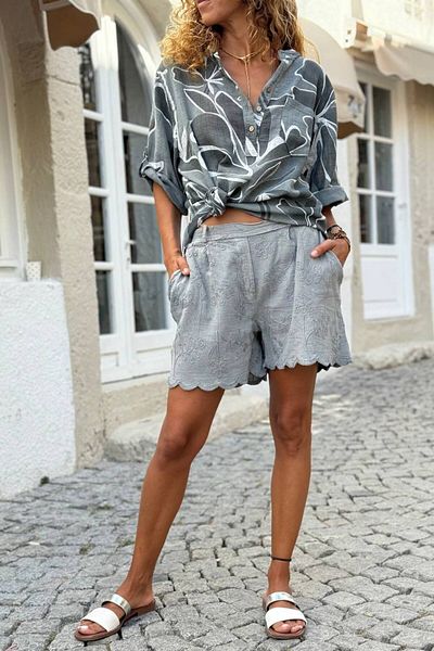 Güneşkızı Gray Pocket Washed Hem Eye Embroidered Cotton Woven Shorts 35 35