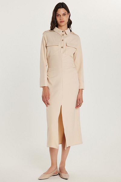 Tudors Women's Standard Fit Button Polo Neck Long Sleeve Double Pockets Front Slit Midi Length Beige Dress