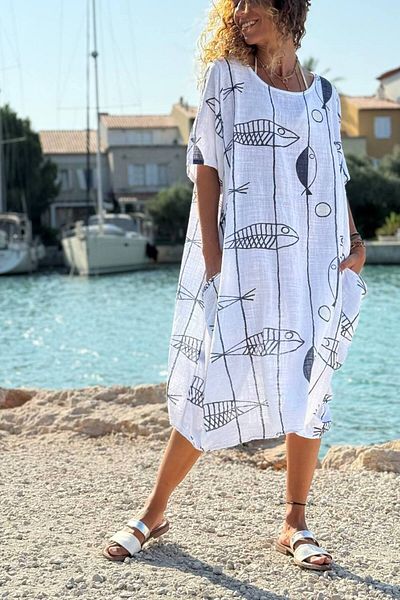 Güneşkızı Italian White Boat Neck Fish Pattern Linen Loose Woven Dress with Pockets 115 70