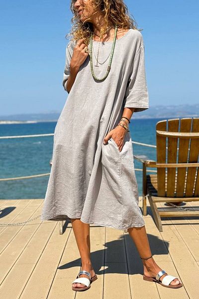 Güneşkızı Italian Gray Boat Neck Short Sleeve Pocket Linen Long Loose Woven Dress 118 63