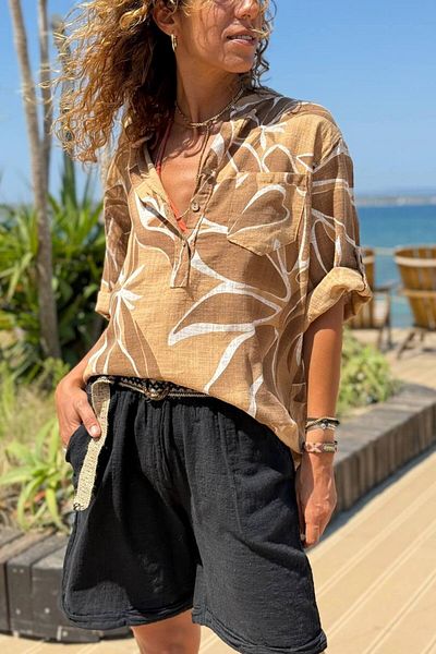 Güneşkızı Italian Bronze Button Collar 3/4 Sleeve Leaf Pattern Cotton Loose Woven Blouse 70 68