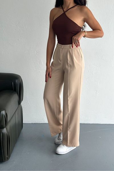 Hisleria Summer Double Wide Leg High Waist Trousers with Elastic Waist at the Back Beige