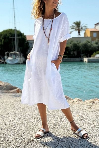 Güneşkızı Italian White Boat Neck Short Sleeve Pocket Linen Long Loose Woven Dress 118 63