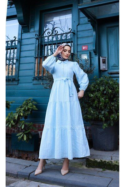Dadali Dadali Shirt Collar Ruffle Dress Baby Blue