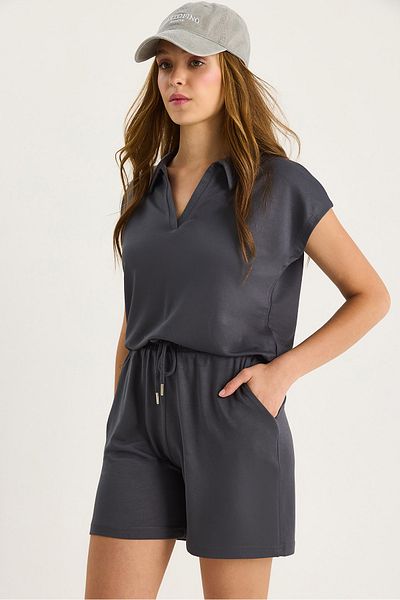 Bianco Lucci Women's Polo Neck Top with Short Shorts Modal Basic Bottom-Top Set 1325 60283470