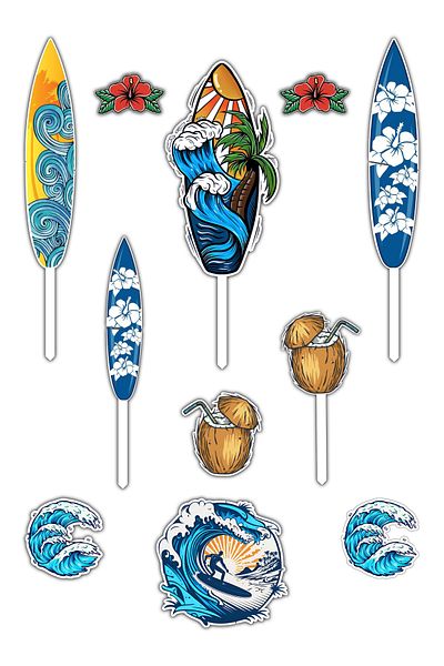 Bloom Atelier Surf Cake Figurines, Set of 11 Cake Accessories, Cake Decoration Accessories, Cake Decorations