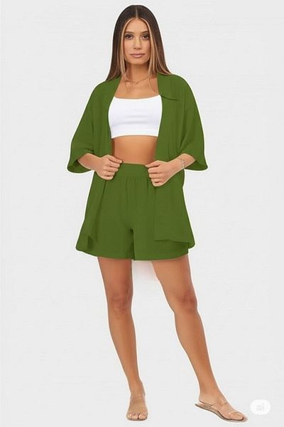 NO 601 Women's Green Wrap Kimono Vest Shorts Top and Bottom Set