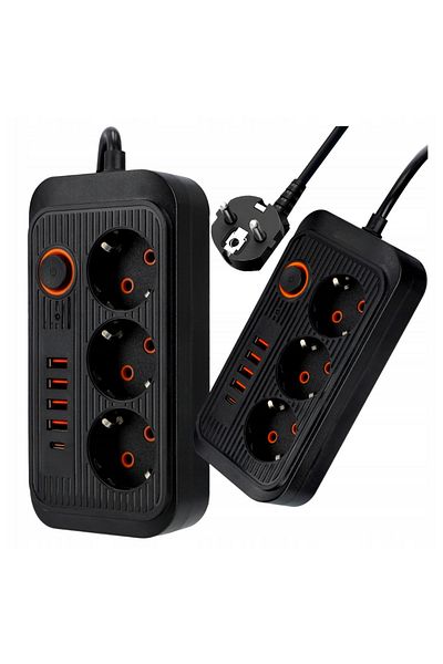SML Multifunctional extension cord, 3 sockets + 5xUSB, 2 meters, black