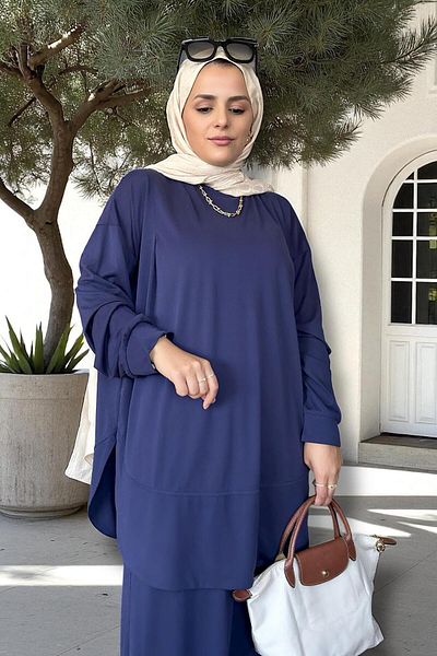 Aselim Hijap Moda Serinsoft Summer Double Suit - Παντελόνι με τσέπες & ντραπέ τουνίκ μεγέθους 36-48 Navy Blue