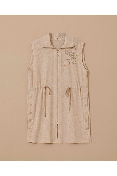 SCL Nakışlı Pul Detaylı Fermuarlı Yelek
