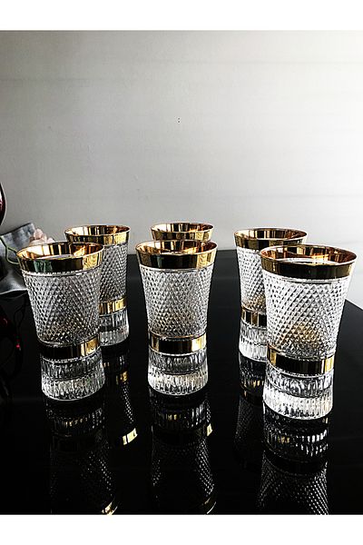 DECOSTYLE Beyzade Gold Paşabahçe 420055 300 Cc Decorated Hand Embroidered Soft Drink and Water Glass Set of 6