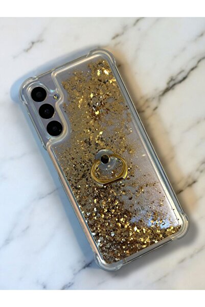 Merwish Samsung Galaxy A34 Uyumlu Sulu Simli Yüzüklü Standlı Parlak Silikon Kılıf Gold