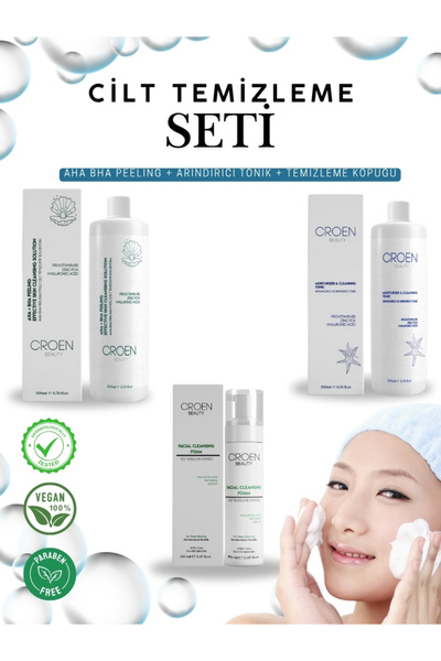 Croen Beauty Croen 3’lü Cilt Bakım Seti AHA BHA Peeling+Tonik+Temizleme Köpüğ...