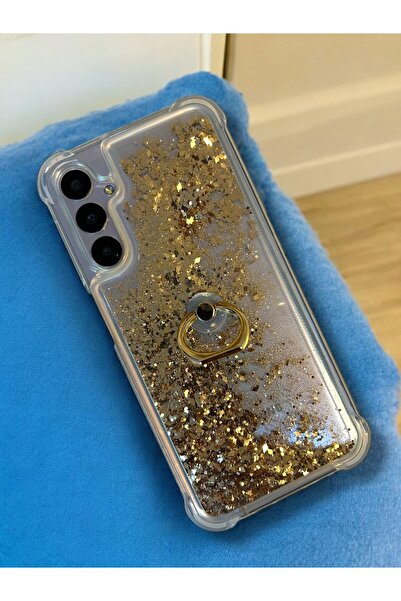 Merwish Samsung Galaxy A34 Uyumlu Sulu Simli Yüzüklü Standlı Parlak Silikon Kılıf Gold