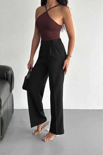 Hisleria Summer Double Wide Leg High Waist Trousers with Elastic Waist at the Back Black