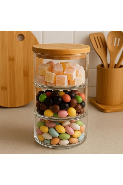 ENYAZA(2024) 3 Layer Vacuum Glass Sugar Bowl with Bamboo Lid - Turkish Delight Bowl - Dragee - Breakfast - Snack Bowl 900 ml