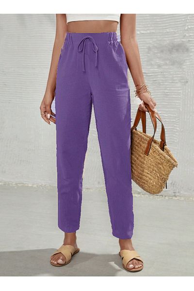 night blue French High Waist Trousers with Pockets-Purple