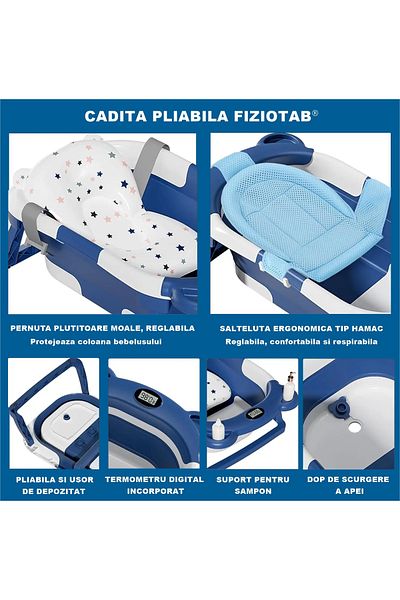 FizioTab Cadita Bebelusi Pliabila FizioTab®, Termometru Digital, Canita pentru Clatire, Agatatoare, Blue