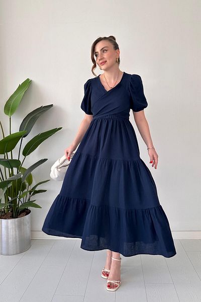 MaziButik Cross Tie Muslin Dress Navy Blue