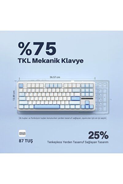 Aula F87 Pro Mekanik Rgb Tkl Graywood V3 Switch Kablosuz Makrolu Hot Swap Klavye Buz Mavi