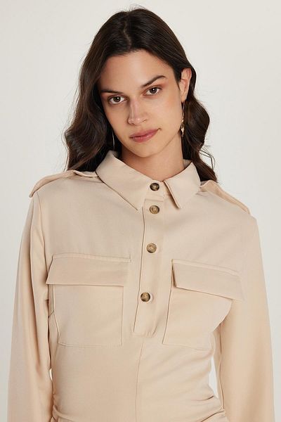 Tudors Women's Standard Fit Button Polo Neck Long Sleeve Double Pockets Front Slit Midi Length Beige Dress