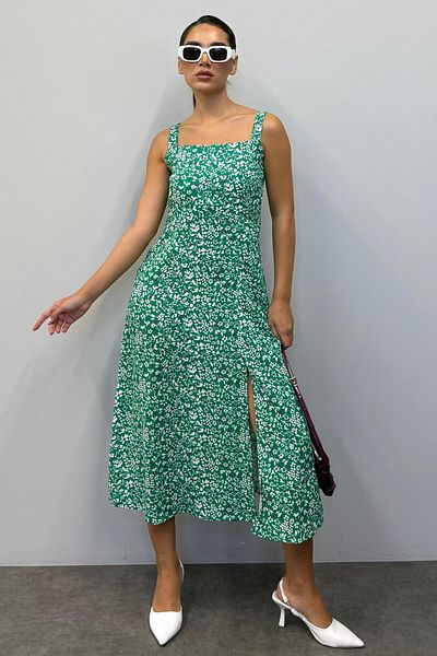 Seeh Rochie de damă cu fantă cu modele de flori verzi Sh254