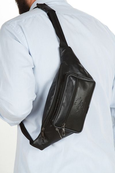 Newish Genuine Leather Adjustable Strap Crossbody Shoulder Chest and Waist Bag - Black