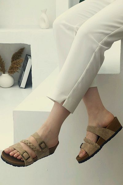 Pierre Cardin Knitted Buckle High Sole Women's Slippers Mink