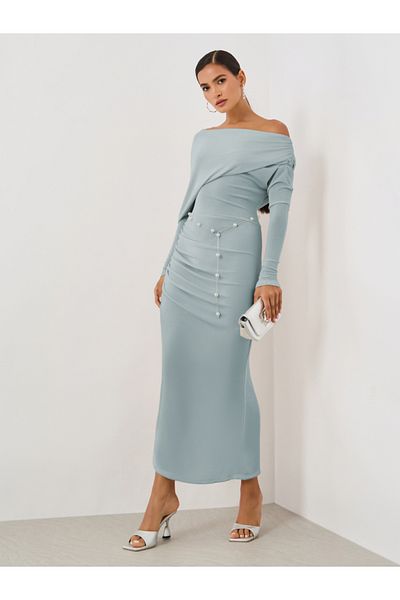 Styli Plain Long Sleeves Midi Dress with Pearl Belt