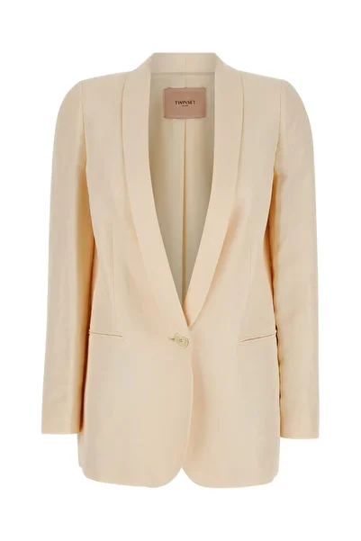 TWINSET Beige Single-Breasted Jacket With Shawl Neckline In Linen Blend Woman