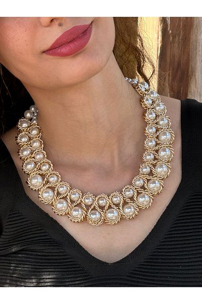 Gönülden Tasarım Atin Sari Chain ​​Pearl Women's Design Necklace 25 cm
