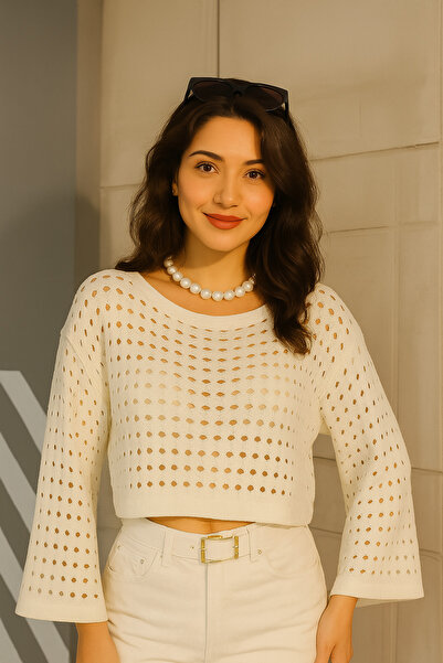 BELISTIL Beyaz Mevsimlik İspanyol Kol Ajurlu File Crop Bluz