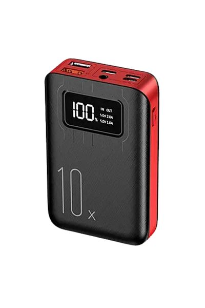 OEM External battery, 10000 mAh, Fast charger, MiniX10, digital display, LED flashlight, red