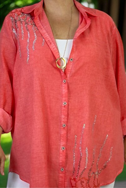 yagmurberen Front Buttoned Sequence Embroidered Folding Sleeve Flame Linen Extra Large Size Shirt