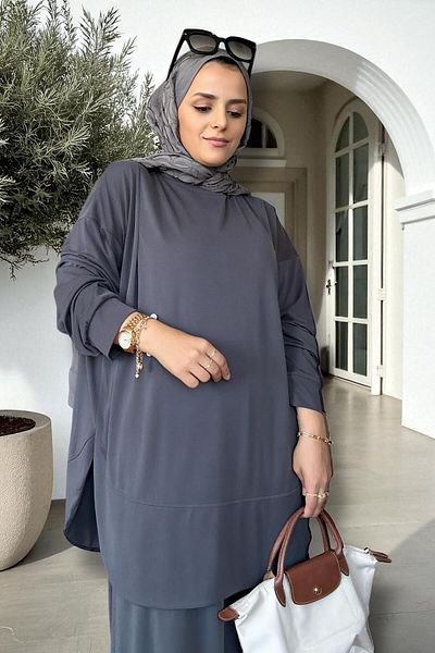 Aselim Hijap Moda Serinsoft Summer Double Suit - Pocket Pants & Flowy Tunic 36-48 Size Gray