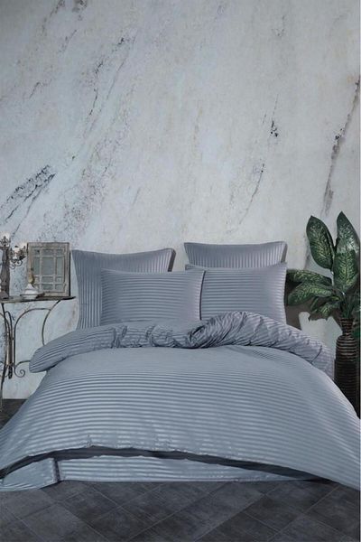 GİNETEKS Gray Striped Satin Bedding Set Cotton Double (Duvet Cover Set)