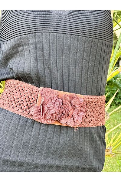 Gönülden Tasarım Elastic Mesh Floral Brown Women's Belt 70 cm
